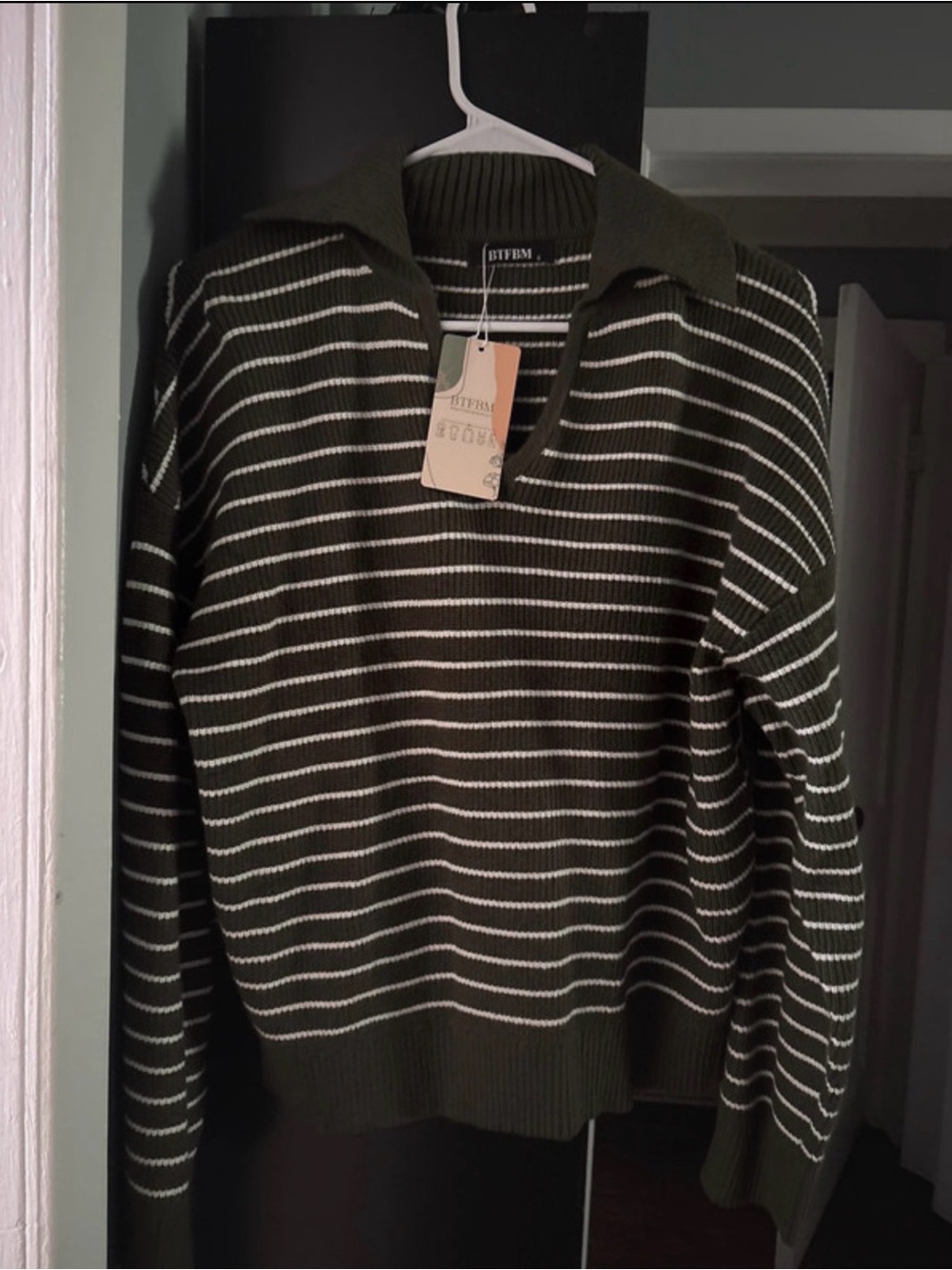 Striped Olive Green Collared Women’s Sweater -